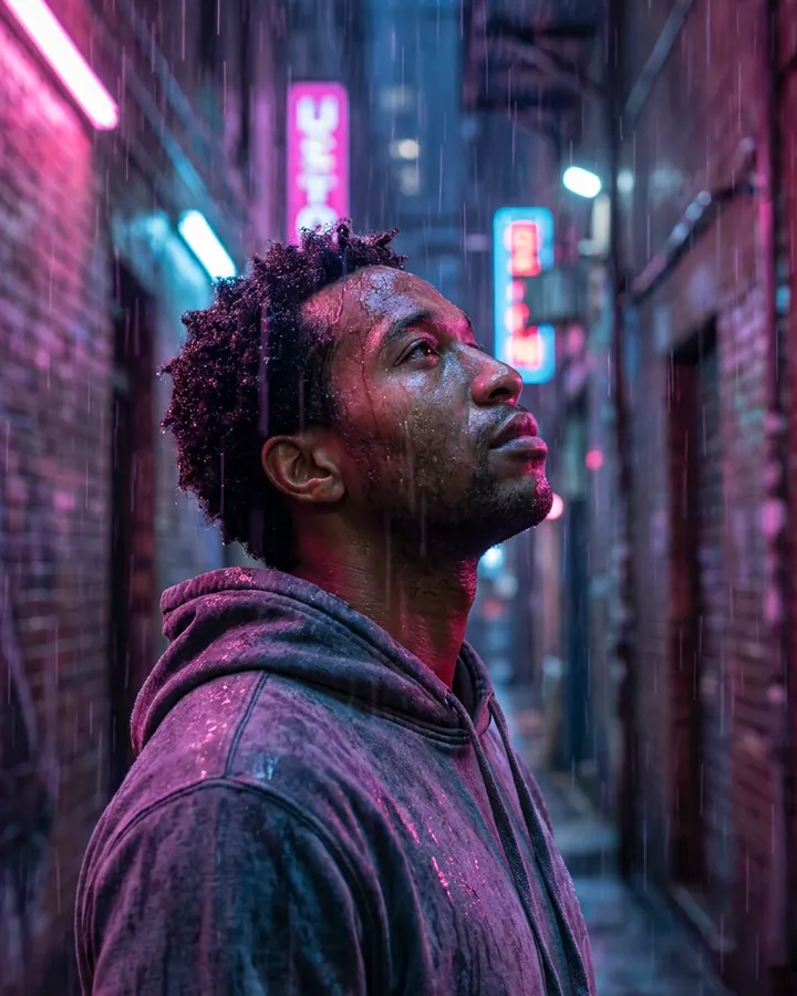 Example frame from the "Neon rain music video" AI trend